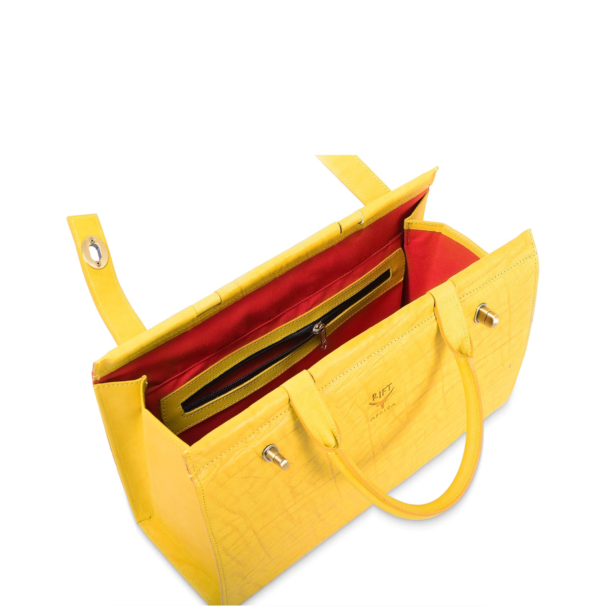 Yellow handbag with red interior on a white background