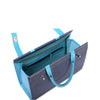 Blue handbag with matching straps on a white background
