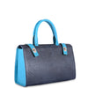 Blue and gray handbag with a white background