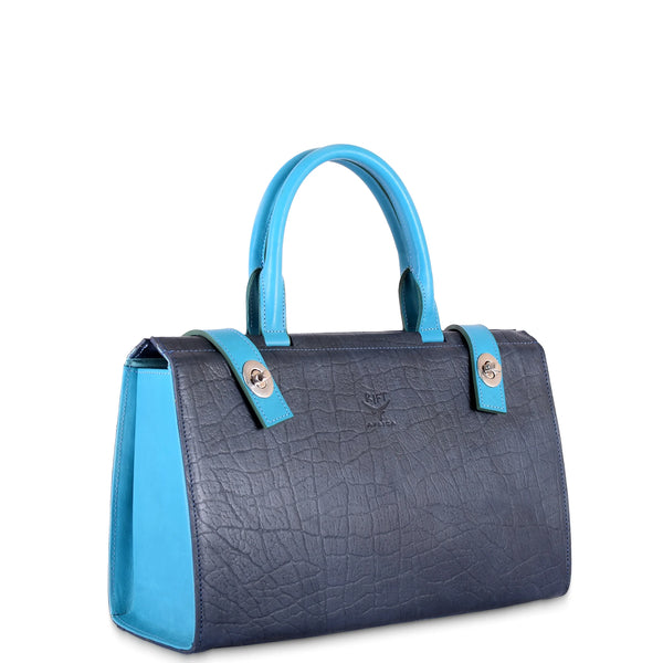 Blue and gray handbag with a white background