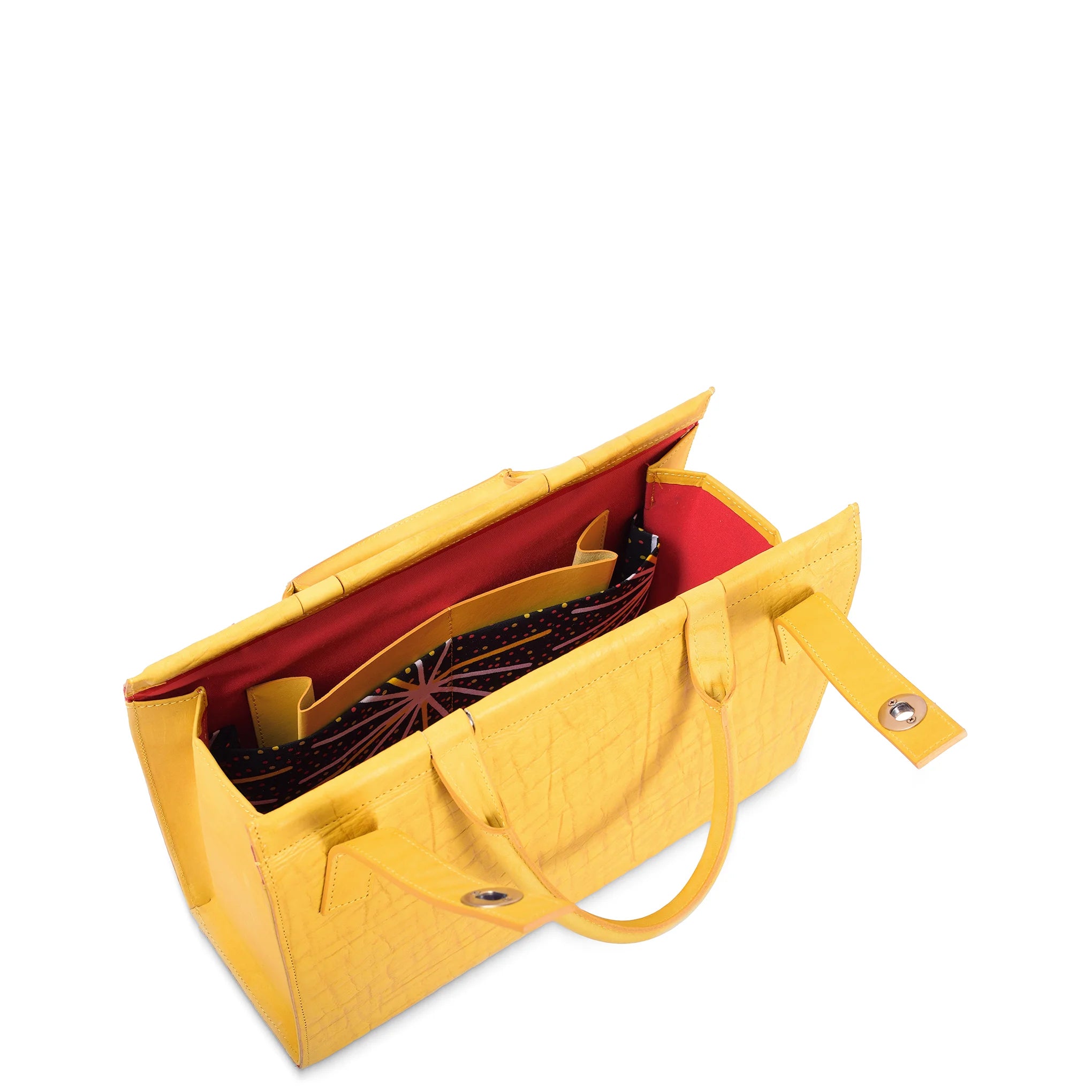Yellow handbag with a red interior on a white background