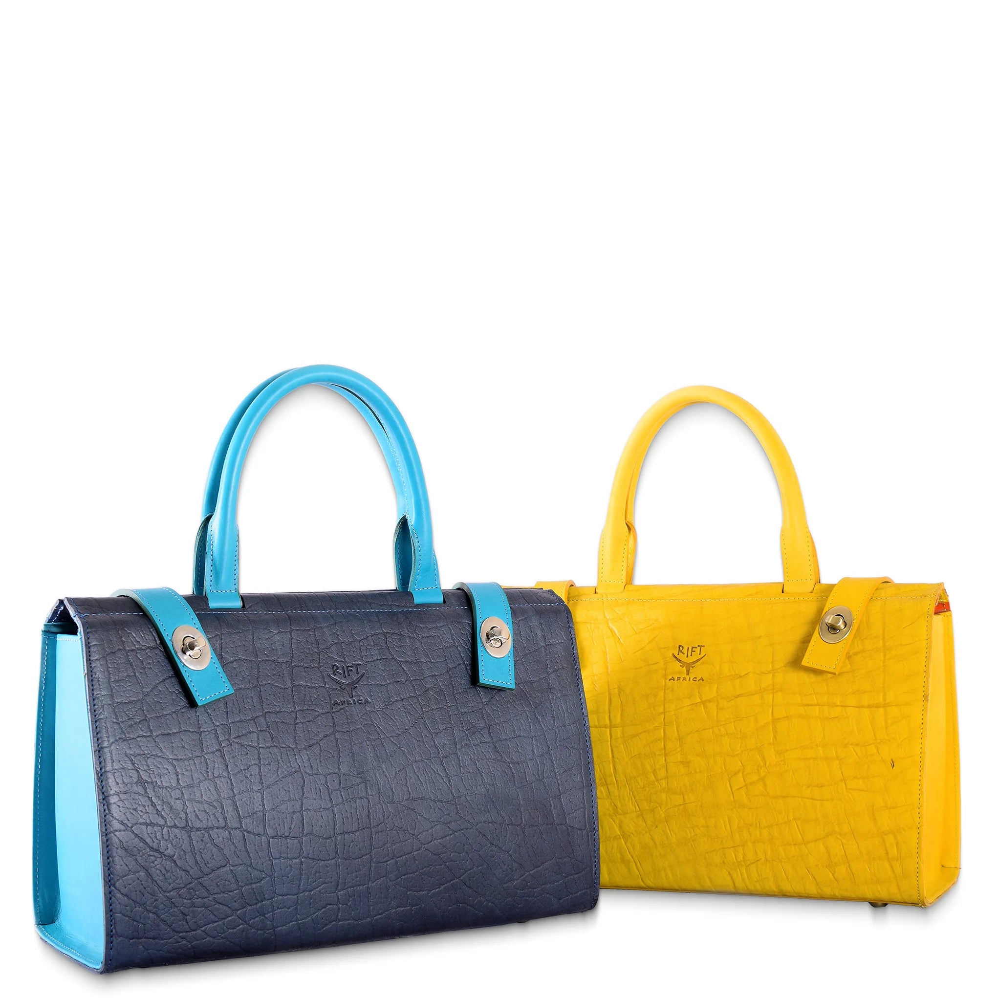Two leather handbags, one blue and one yellow, on a white background