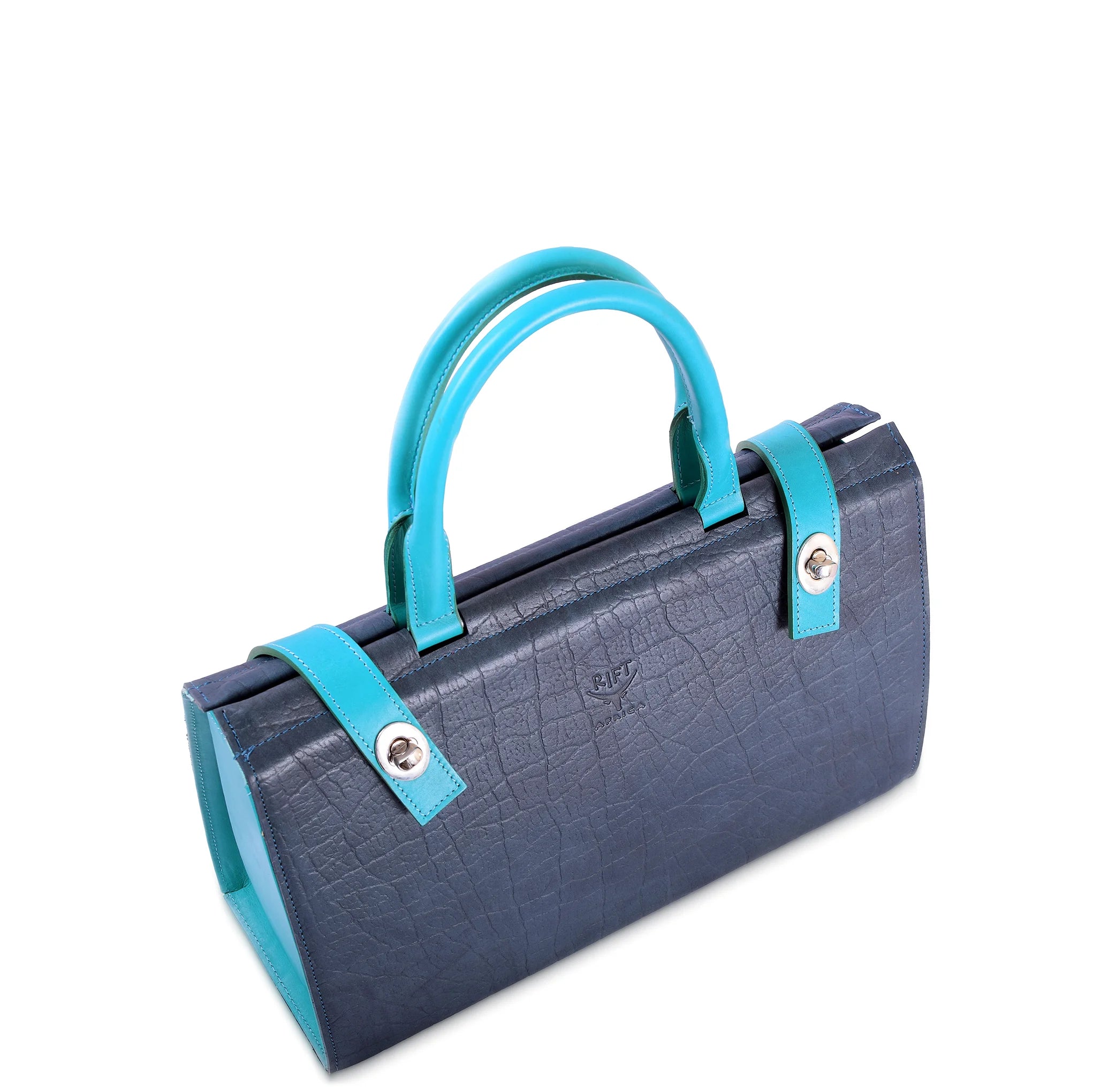 Blue handbag with turquoise straps on a white background