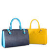 Two leather handbags, one blue and one yellow, on a white background
