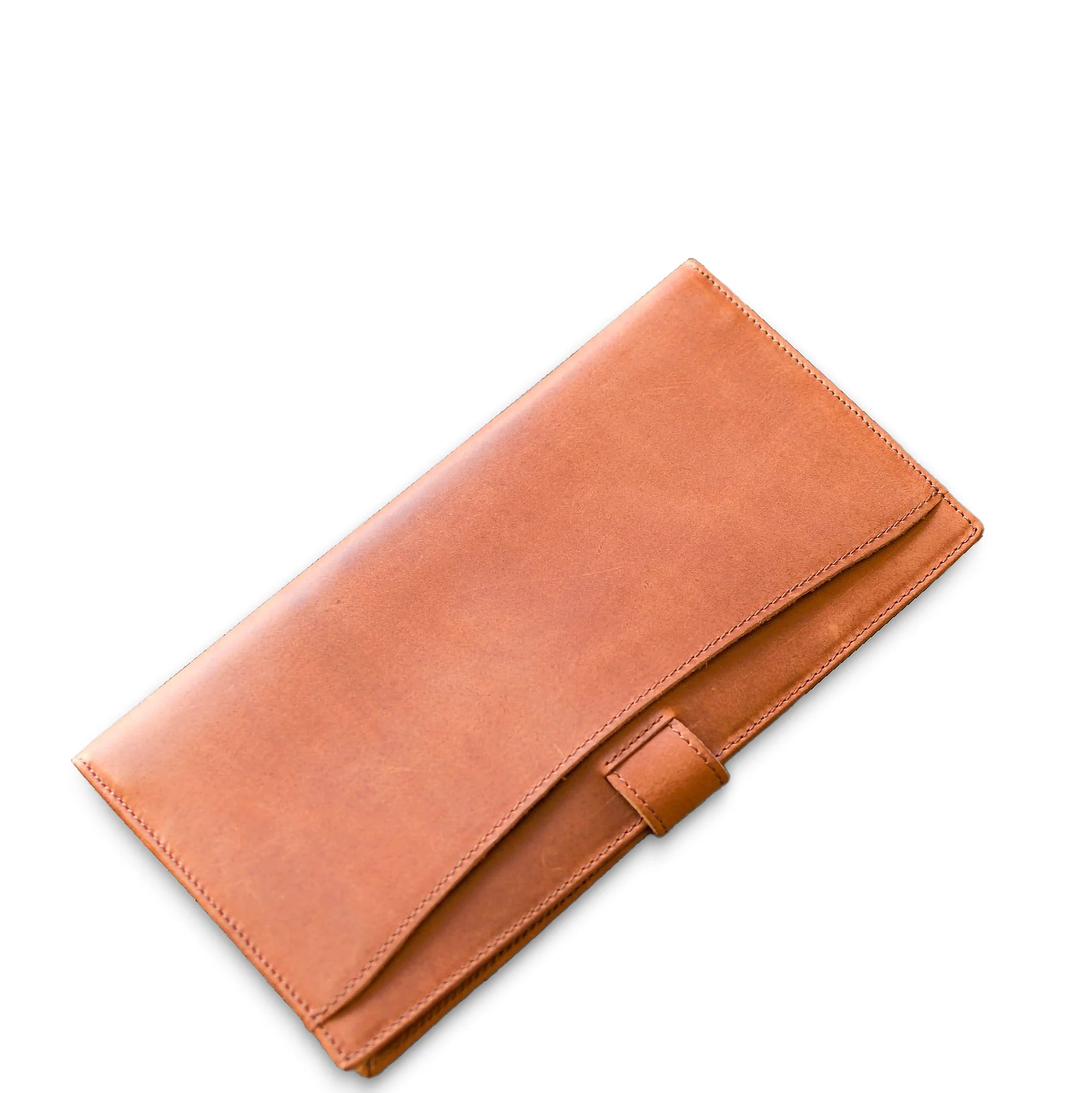 Brown leather clutch on a white background