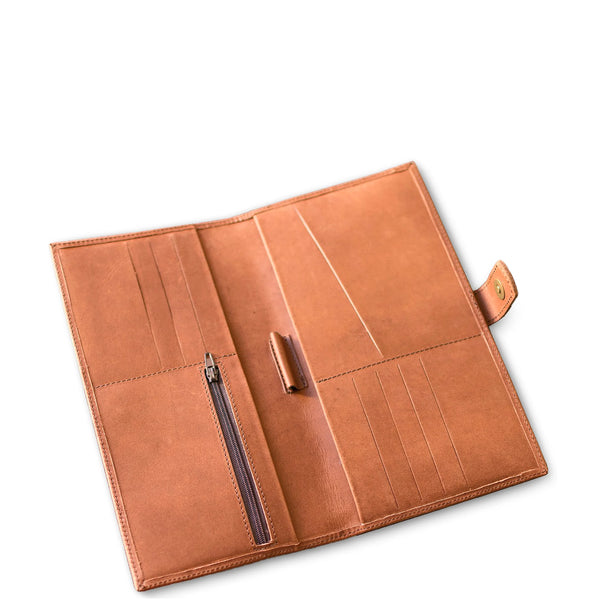 Brown leather wallet with zipper on a white background