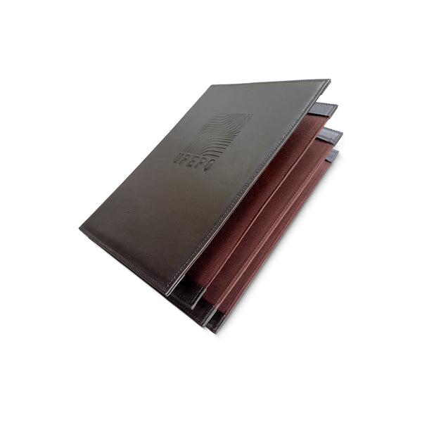 leather menu cover on a white background