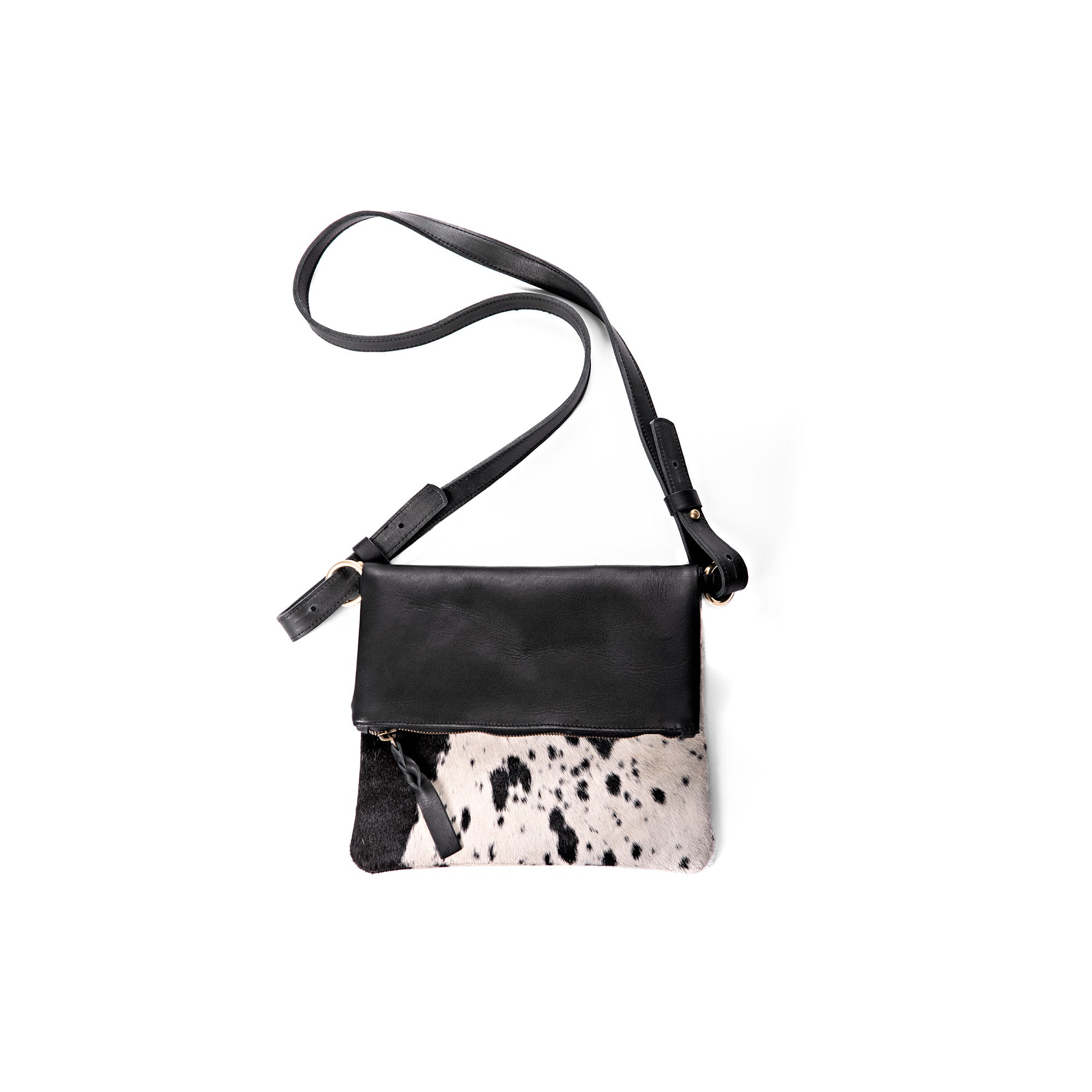 black  full-grain leather crossbody bag featuring front zipper pocket and adjustable shoulder strap