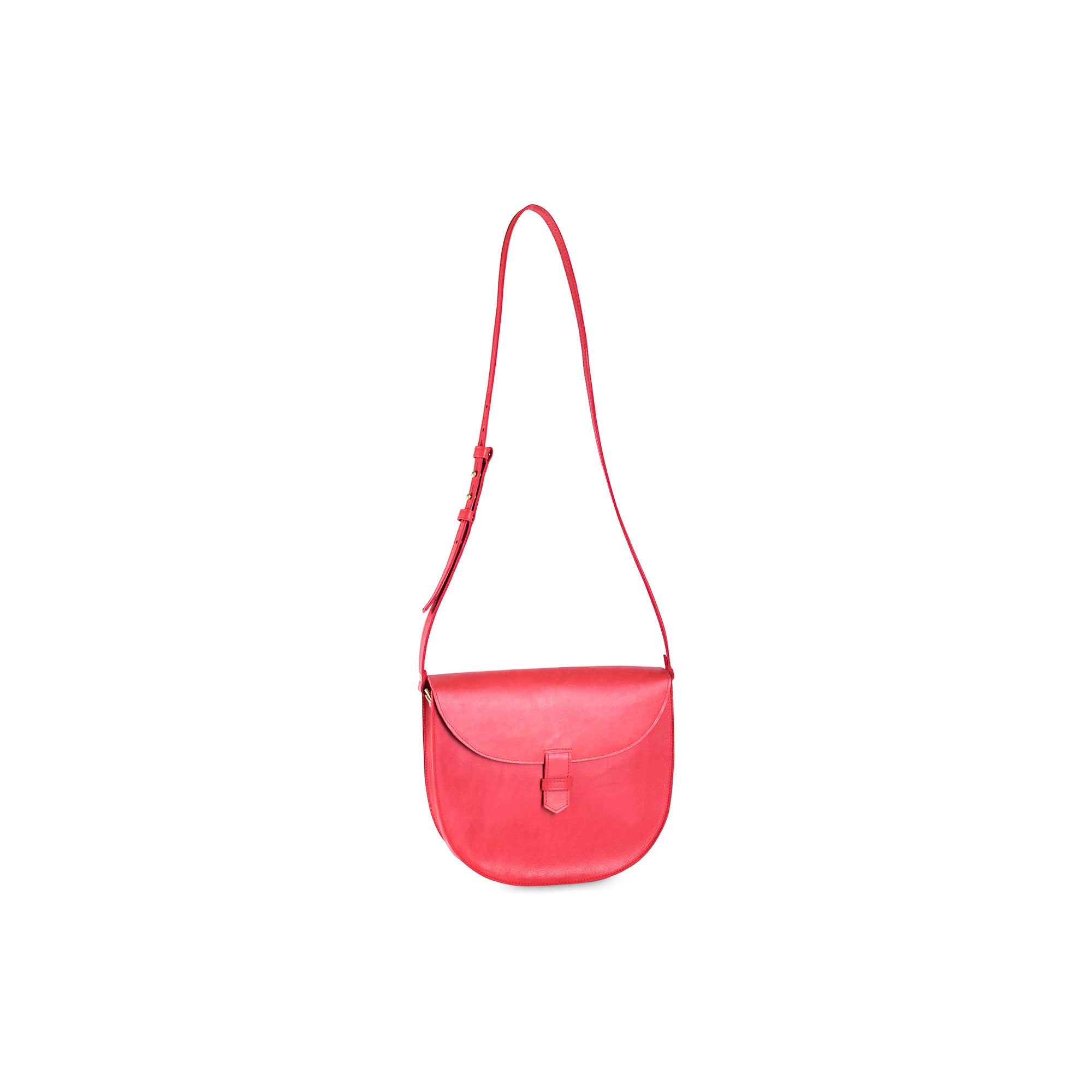 Red leather crossbody bag on a white background