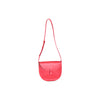 Red leather crossbody bag on a white background