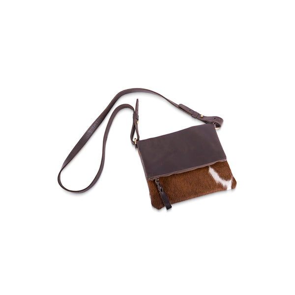 Brown leather crossbody bag with adjustable strap and gold hardware, displayed on a white background