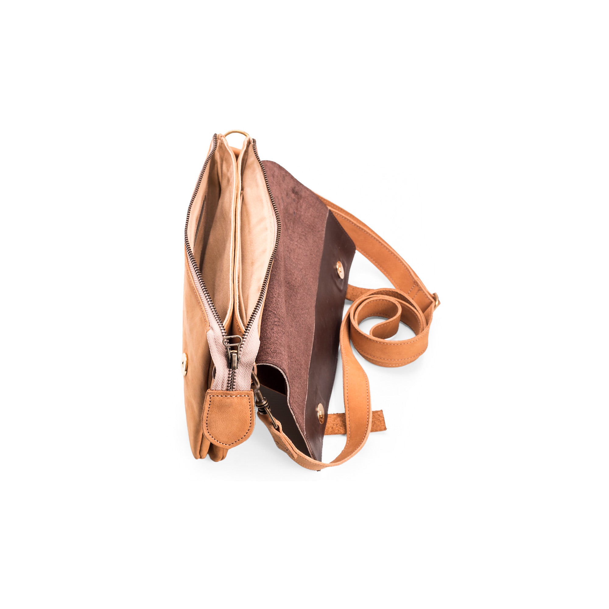 Brown leather crossbody bag with adjustable strap and gold hardware, displayed on a white background