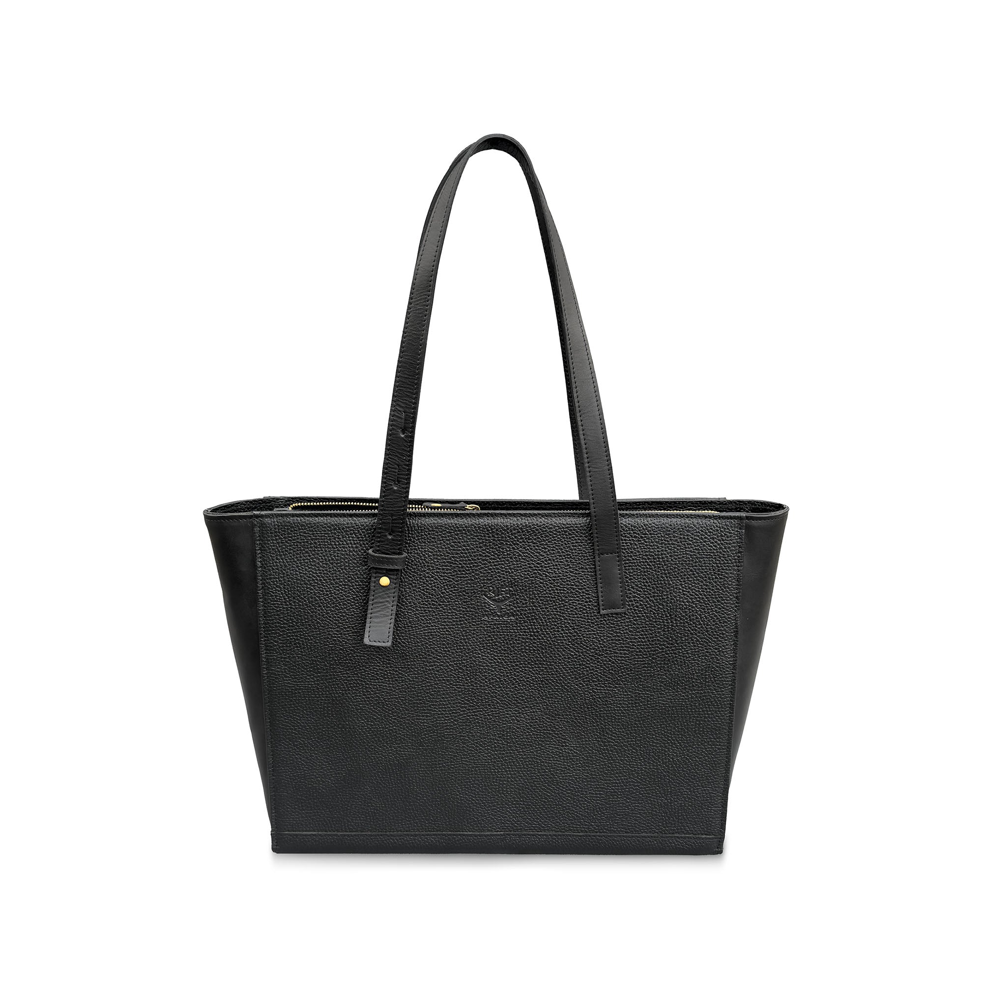 Black leather tote bag on a white background

