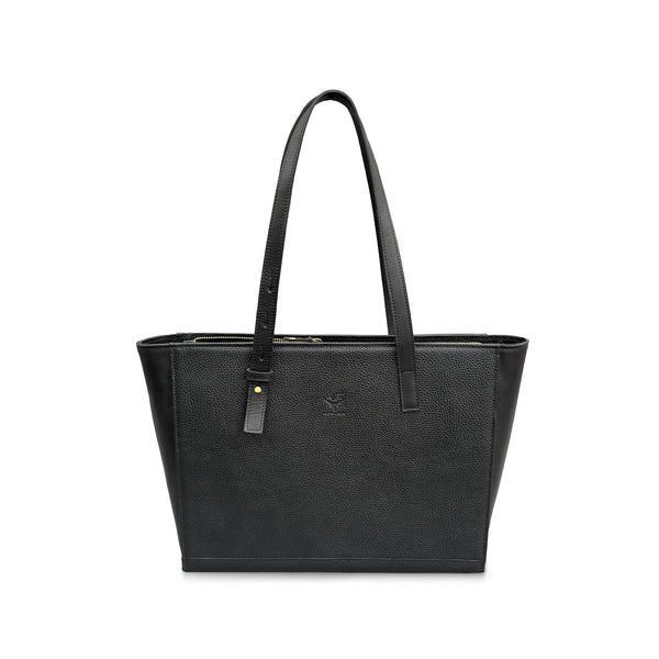Black leather tote bag on a white background

