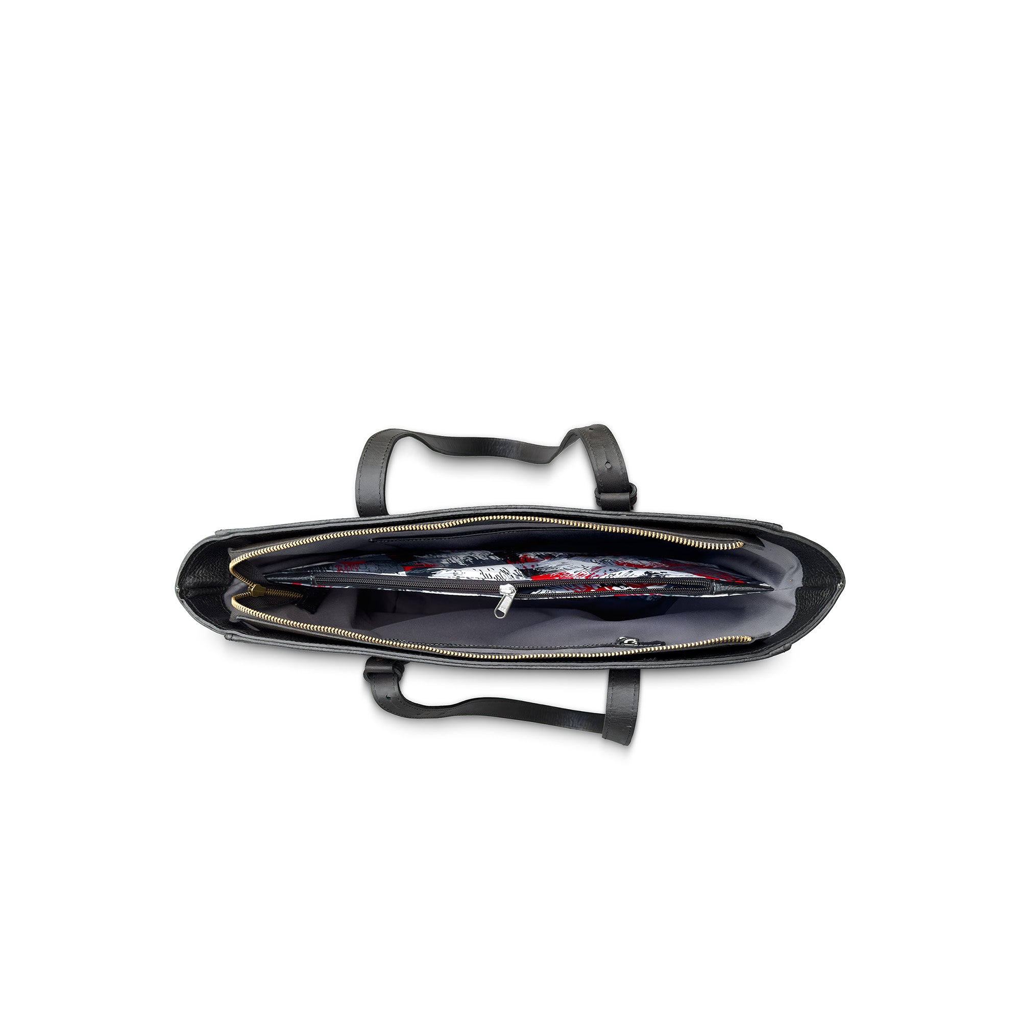 Black leather bag with a zipper on a white background