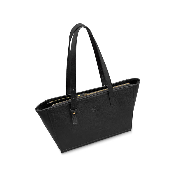 Black leather handbag with a gold zipper on a white background
