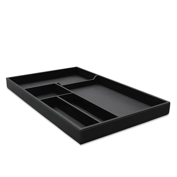 Black leather tray with compartments on a white background