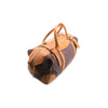 Brown and beige duffel bag on a white background