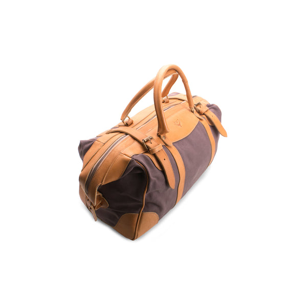 Brown and beige duffel bag on a white background