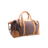 Brown and tan duffel bag on a white background