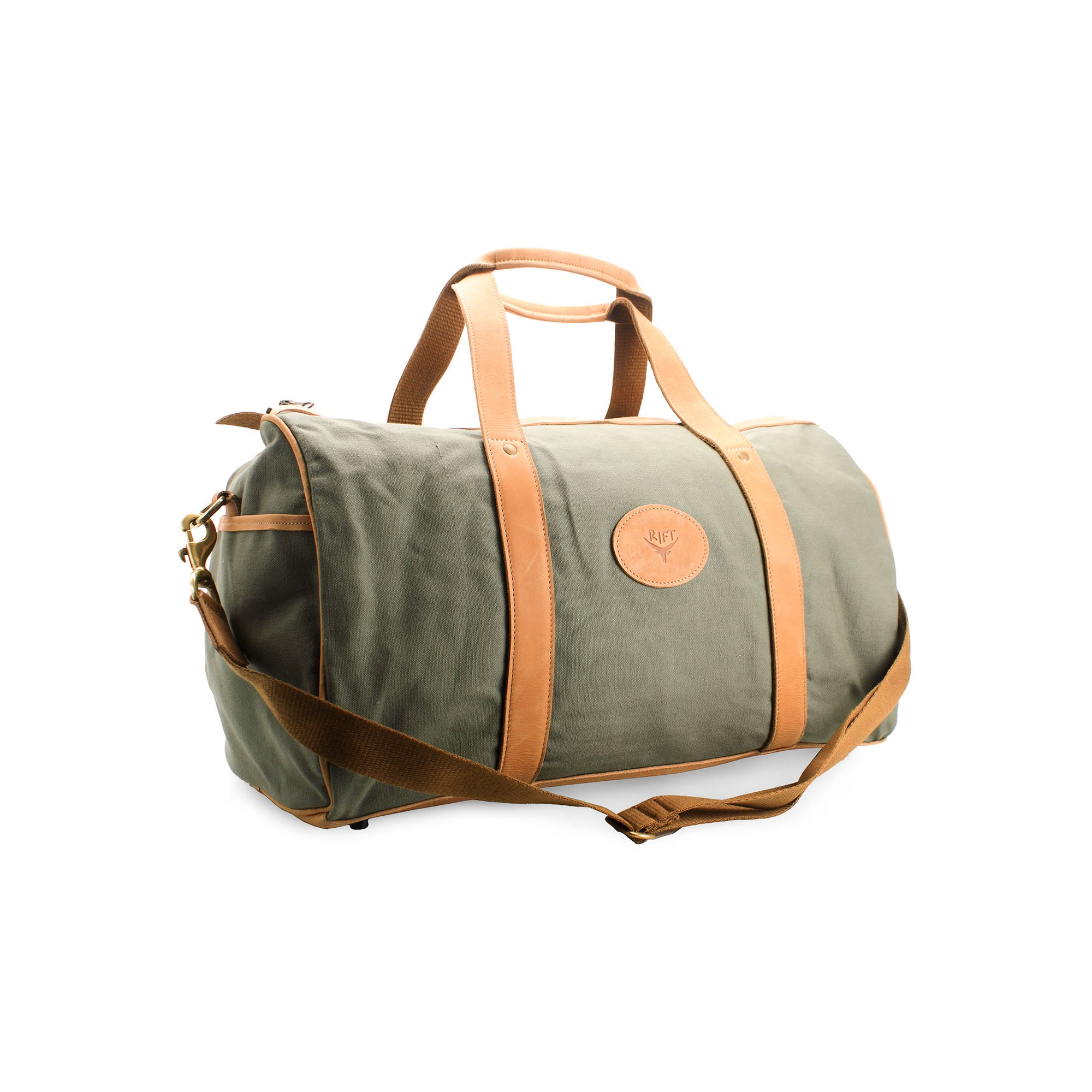 Green duffel bag with brown leather straps on a white background