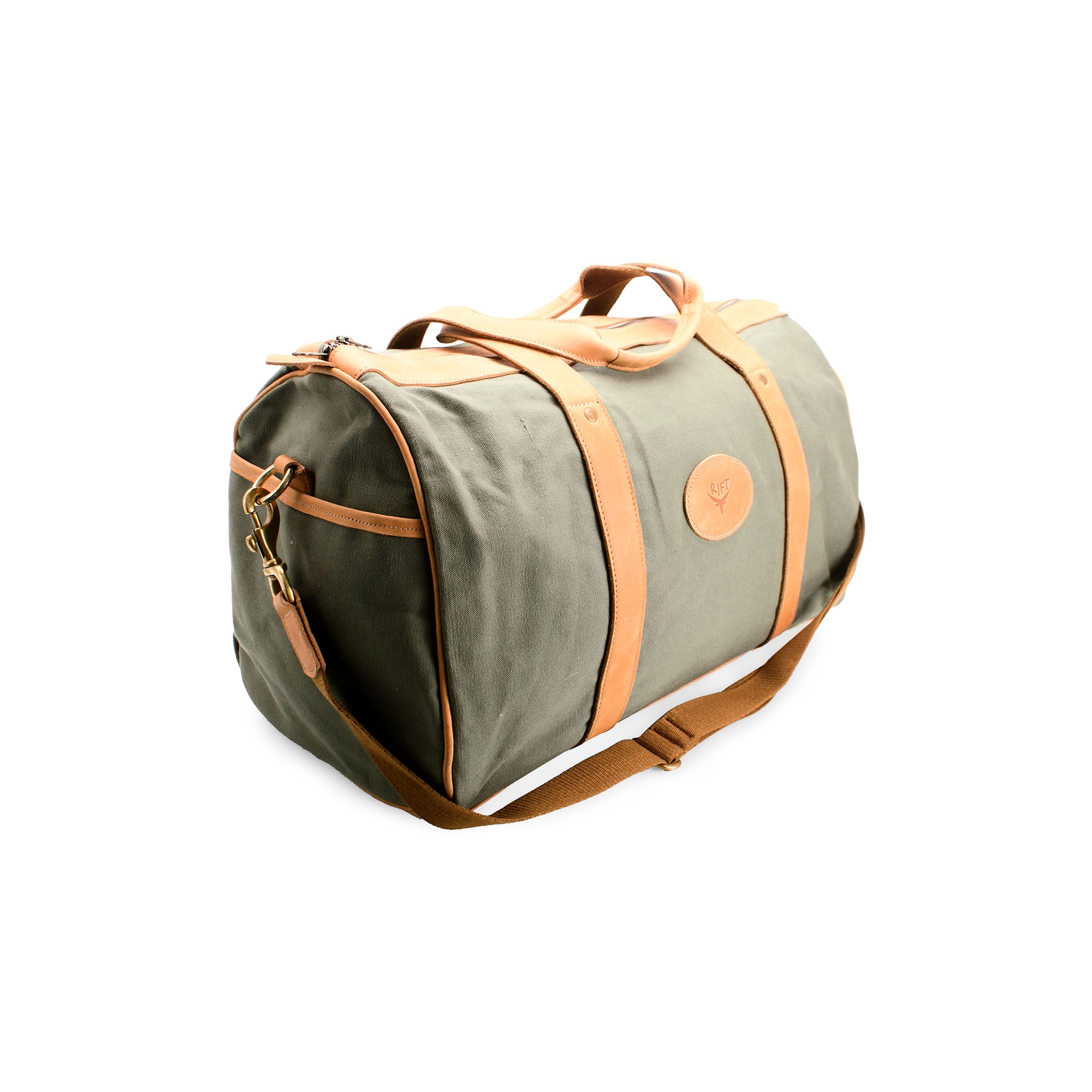 Green duffel bag with brown leather accents on a white background