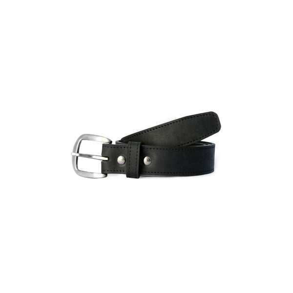 Black leather belt with silver buckle 
