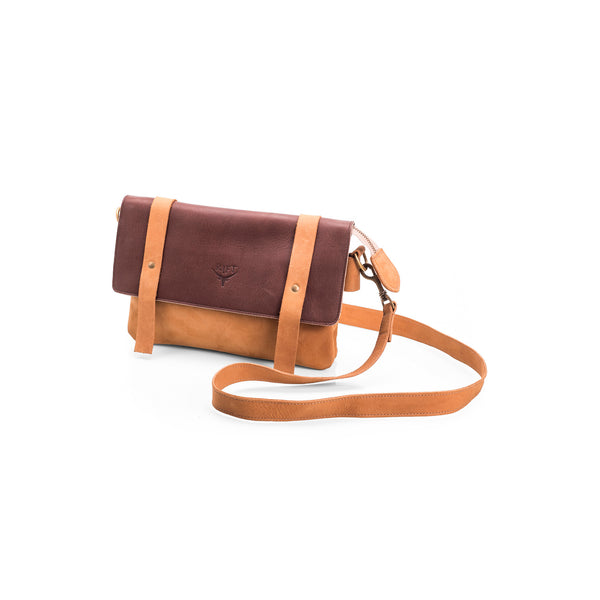 Premium full-grain leather crossbody bag featuring front zipper pocket and adjustable shoulder strap