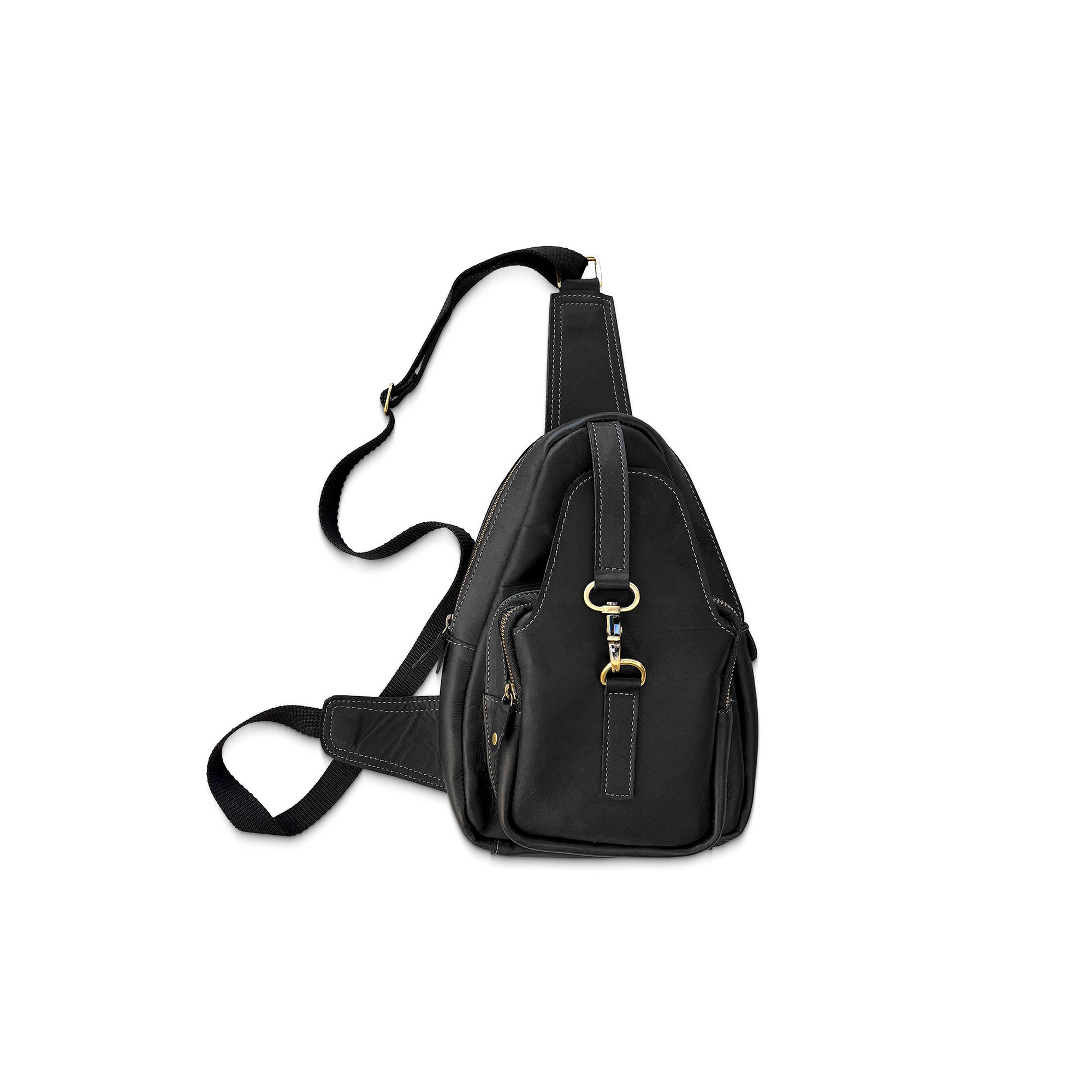 Black sling bag with gold hardware on a white background