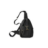 Black sling bag with gold hardware on a white background