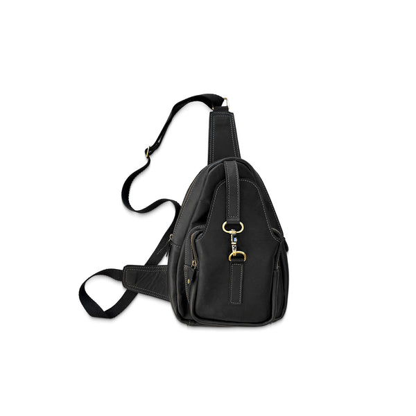 Black sling bag with gold hardware on a white background