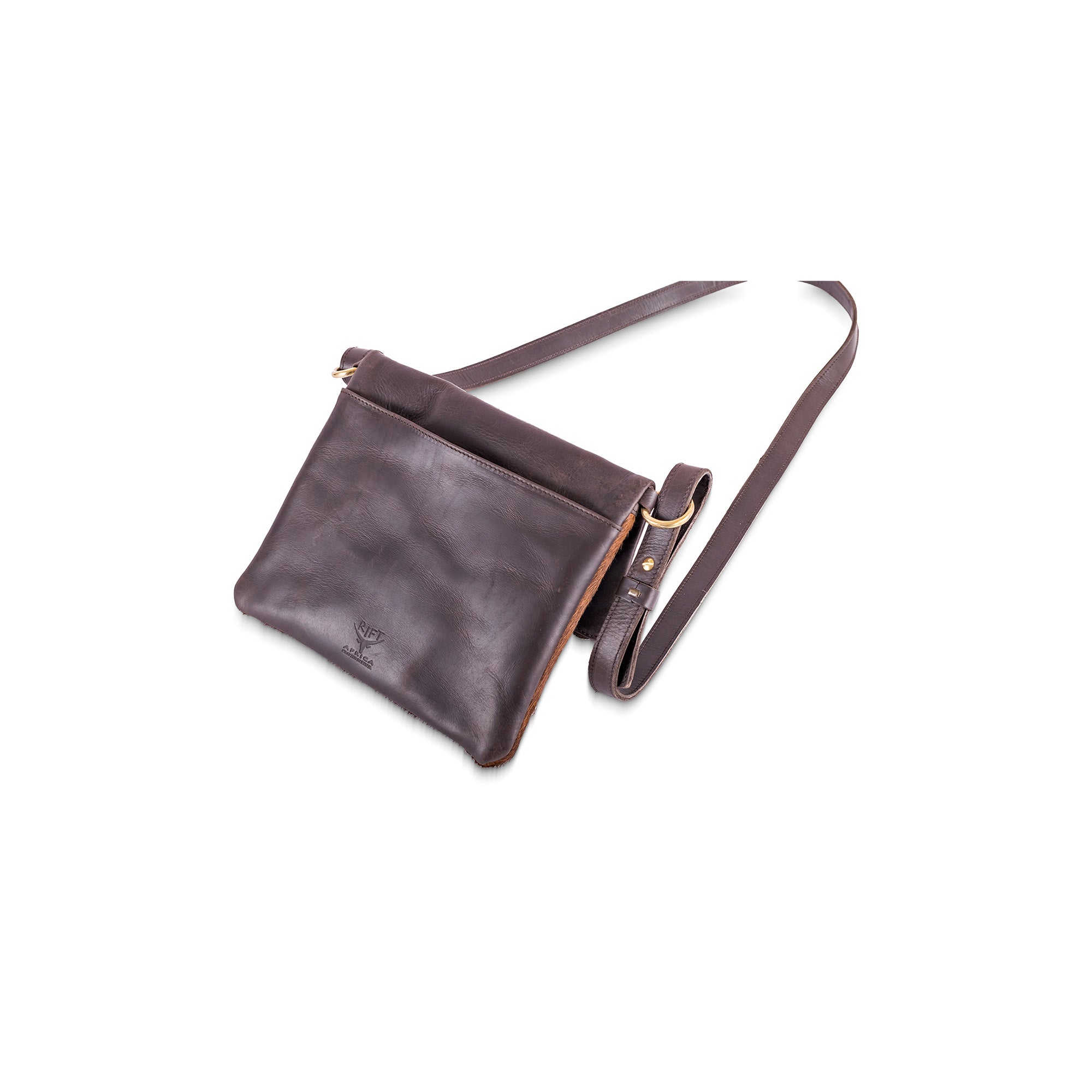 Brown leather crossbody bag with adjustable strap and gold hardware, displayed on a white background