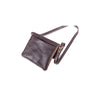 Brown leather crossbody bag with adjustable strap and gold hardware, displayed on a white background