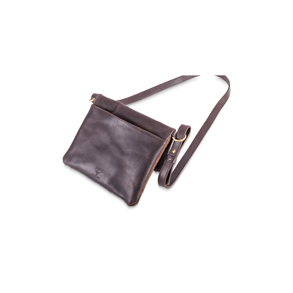 Brown leather crossbody bag with adjustable strap and gold hardware, displayed on a white background