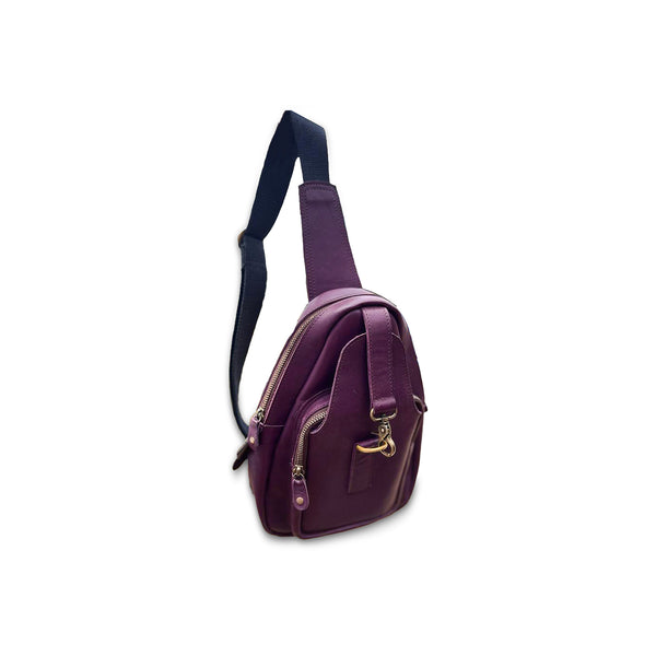 leather crossbody bag with adjustable strap and gold hardware, displayed on a white background