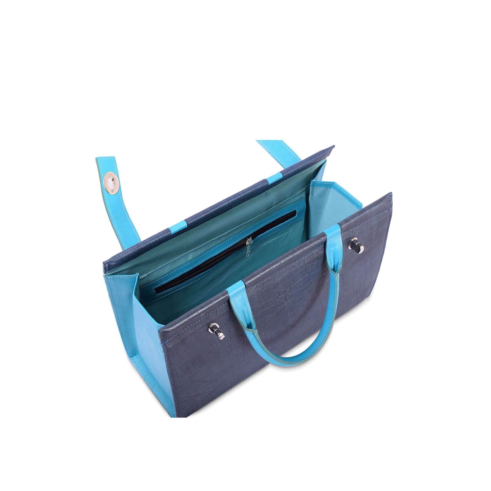 Blue and gray handbag with open front pocket on a white background