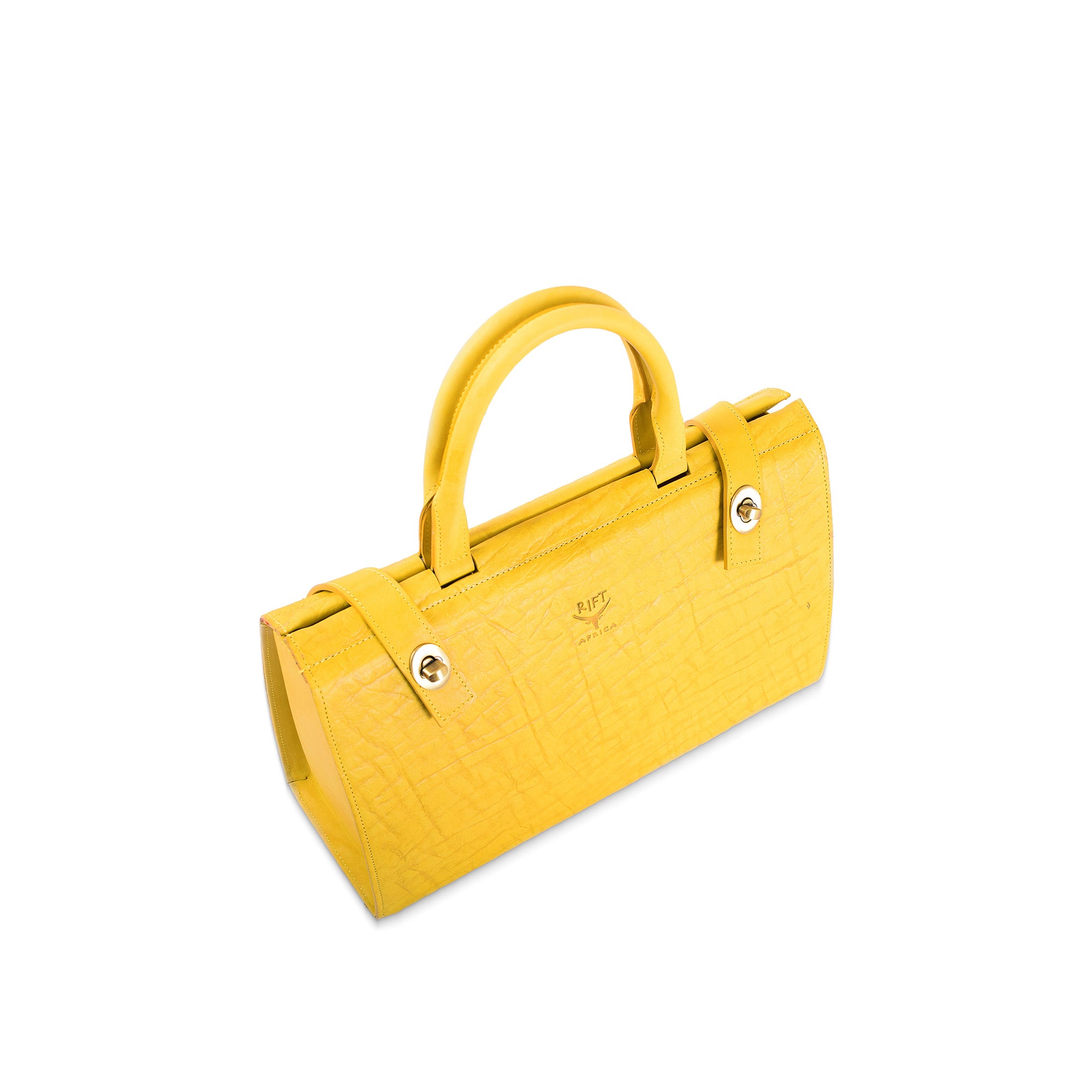 Yellow leather handbag with a textured surface on a white background