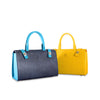 Two leather handbags, one blue and one yellow, on a white background