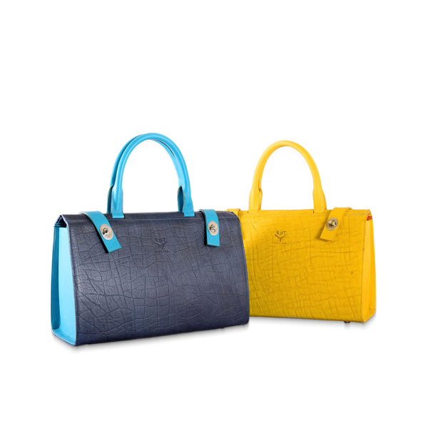 Two leather handbags, one blue and one yellow, on a white background