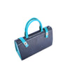 Blue leather handbag with turquoise handles on a white background