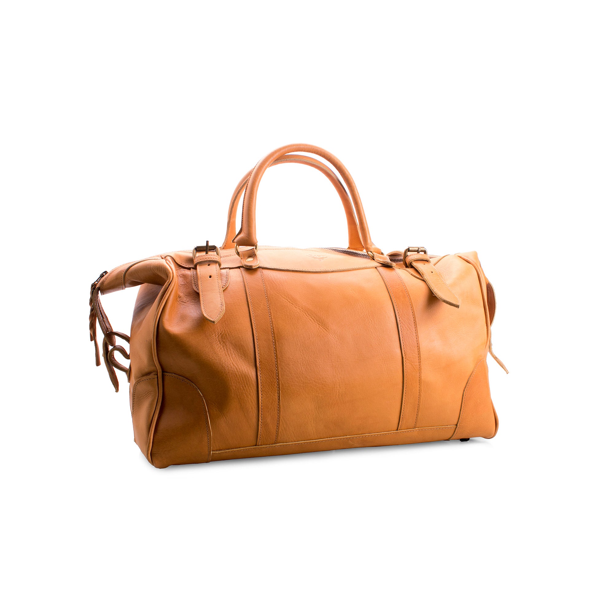 Brown leather duffel bag on a white background