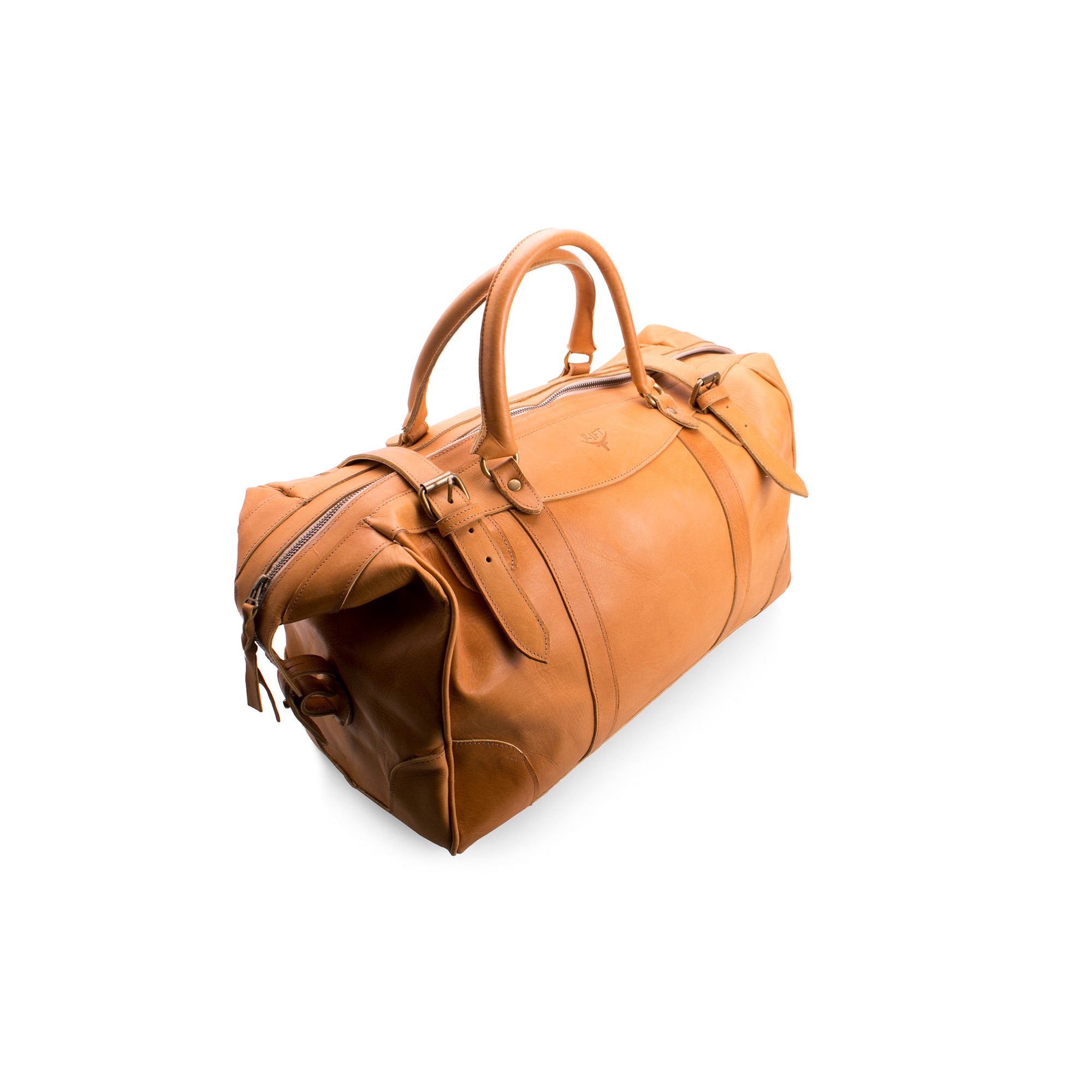 Brown leather duffel bag on a white background
