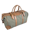 A canvas duffel bag with an olive green body and tan leather handles, straps, and corner protectors, shown on a plain white background.