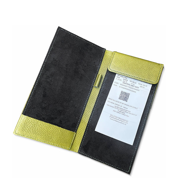 Black and green leather bill presenter  with a card and document holder on a white background