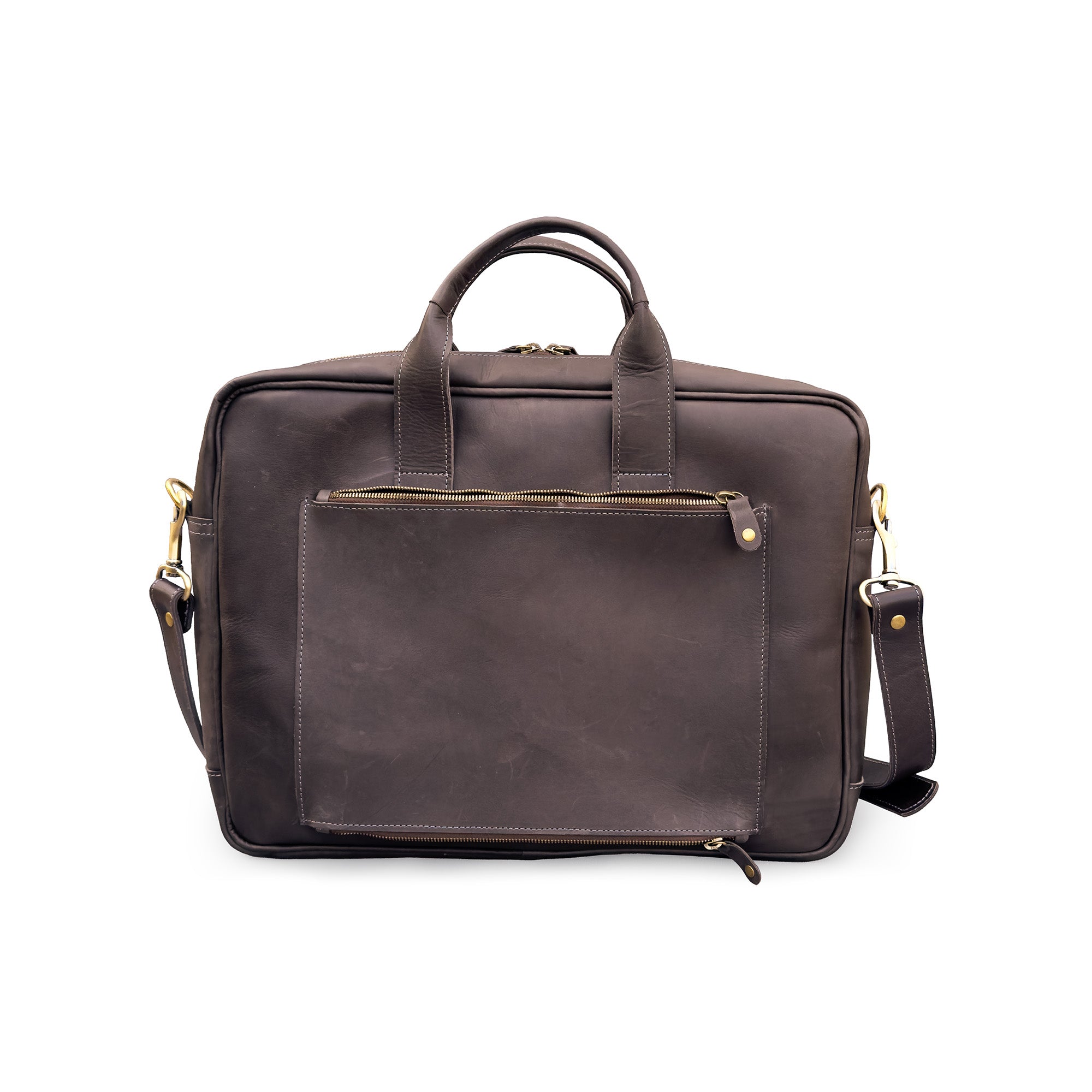 Brown leather briefcase with gold hardware on a white background