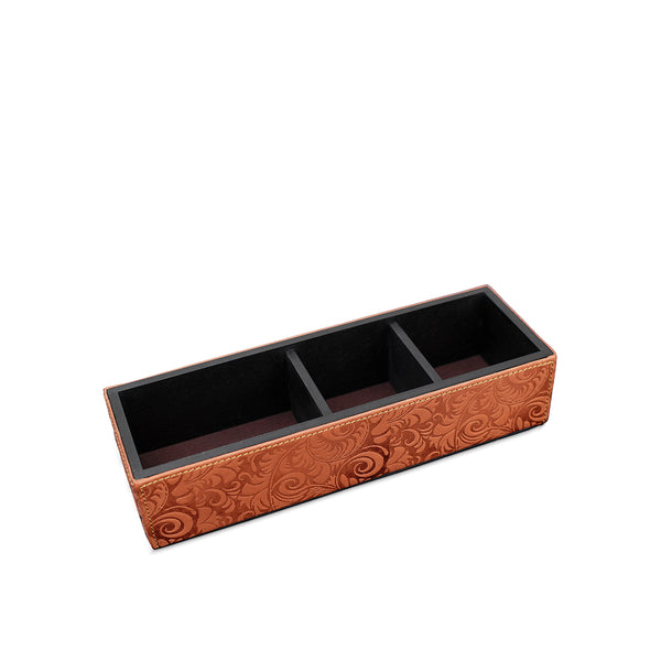 Brown tray with three compartments on a white background