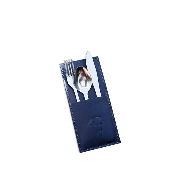 Navy blue leather cutlery holder with knife, fork, and spoon in a holder on a white background