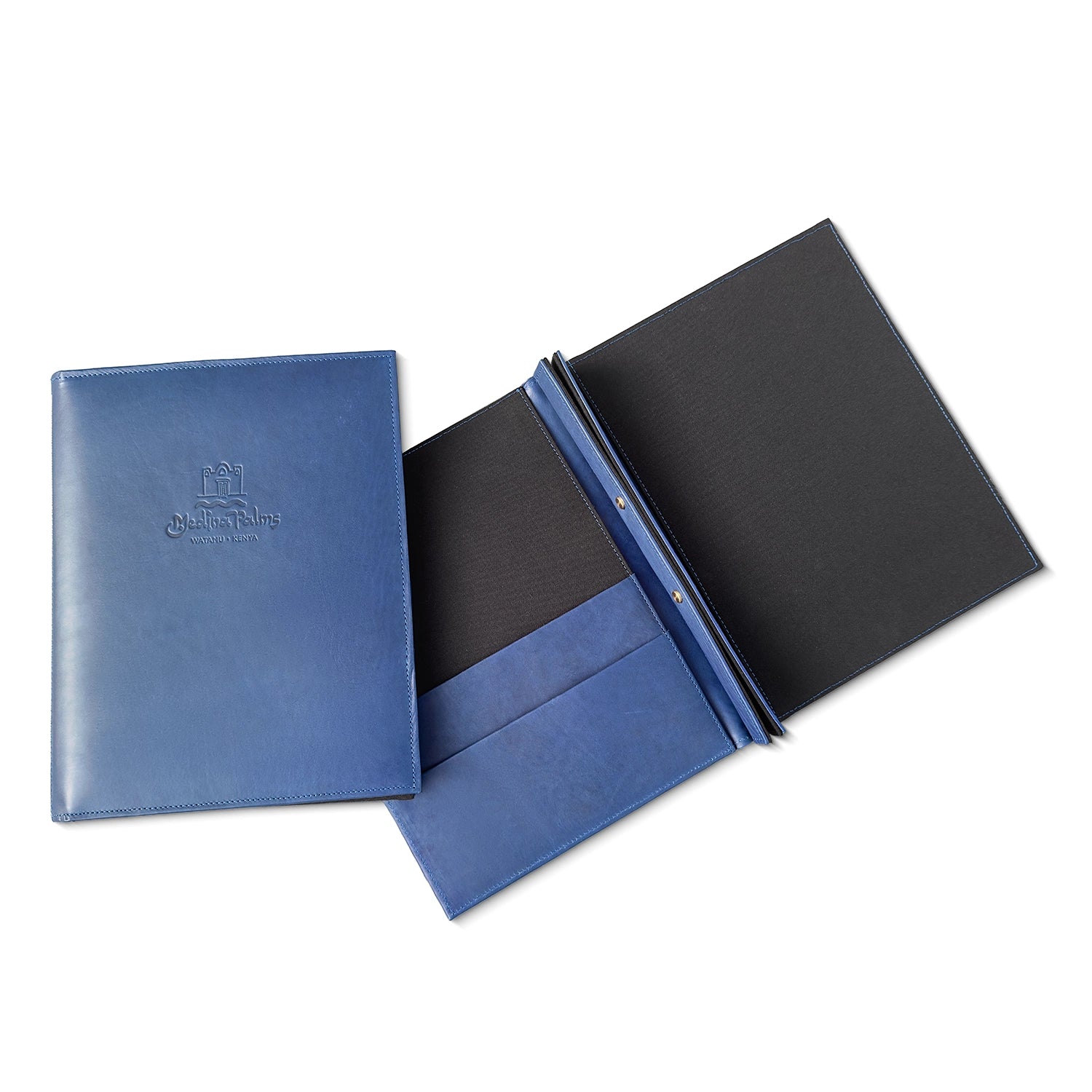 Blue leather room information holder with a black interior on a white background