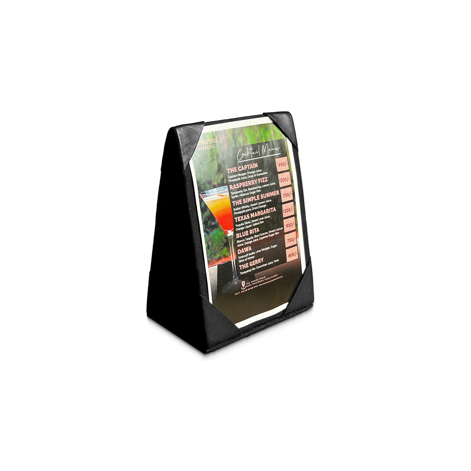 Black stand with a menu card featuring a cocktail illustration on a white background