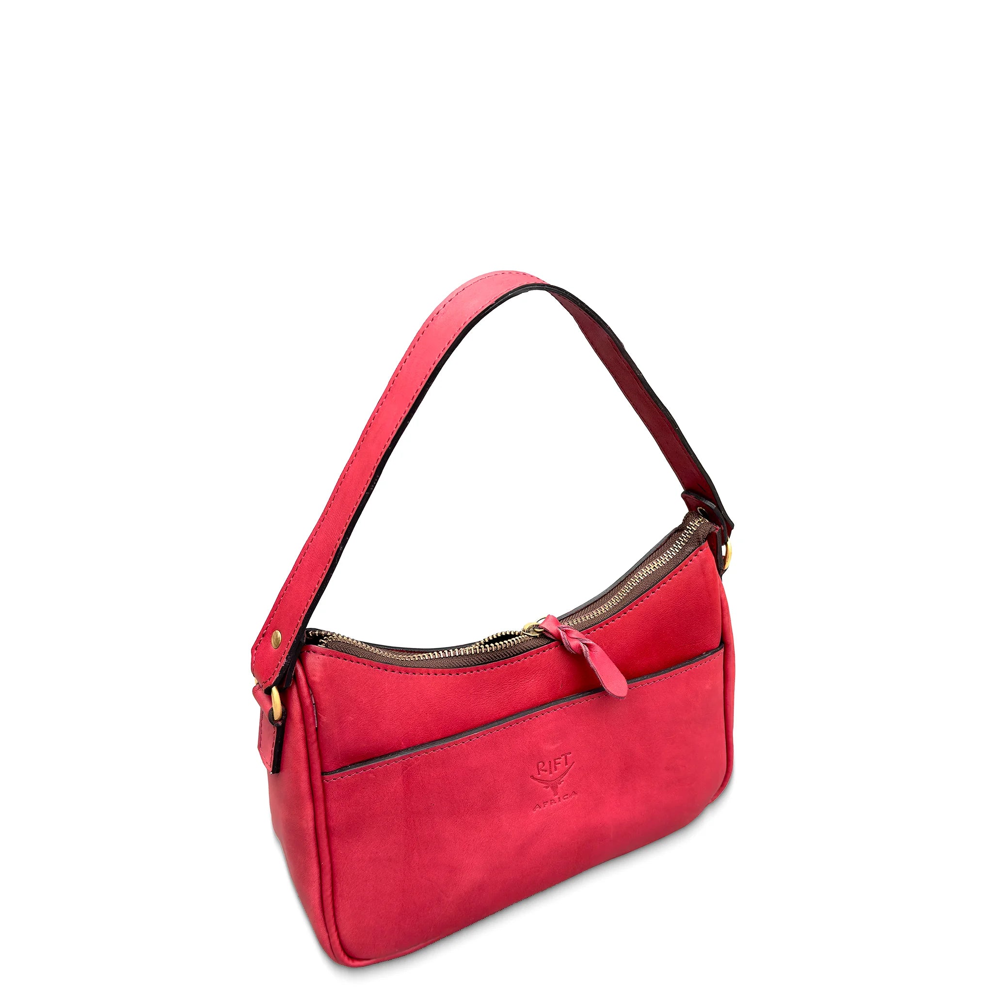 Red handbag with a strap on a white background